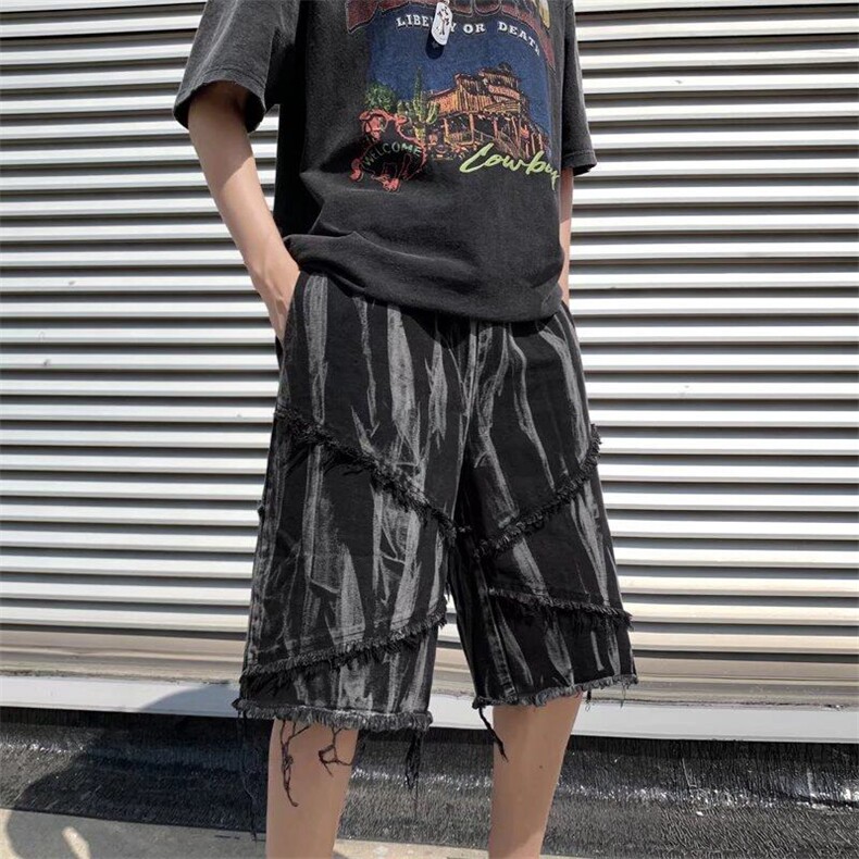 ins欧美高街暗黑扎染印花毛边牛仔短裤潮牌宽松直筒休闲五分裤,男装牛仔裤,星座218-1（原230）