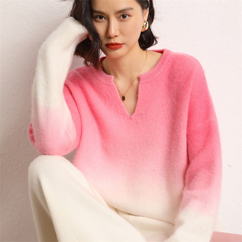 羊绒衫女拉绒渐变色V领山羊绒毛衣秋冬季宽松百搭针织保暖打底衫,女装羊绒衫,五色羊羊绒
