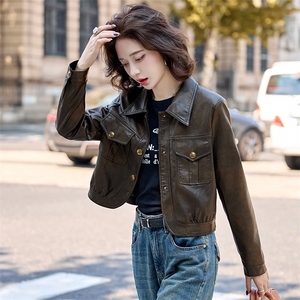 水洗皮衣外套女2025春秋新款复古小个子美拉德修身机车风夹克上衣图片
