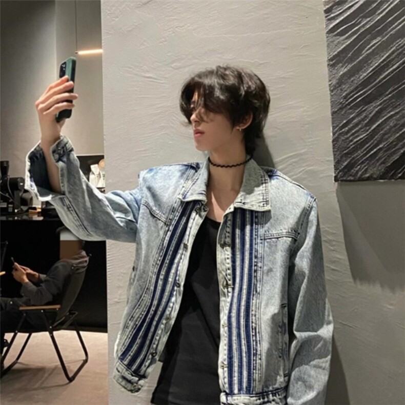 三条杠翻领牛仔外套男款潮流街头百搭设计感工装夹克HH8941P73,男装工装外套,星座1013-5