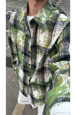 美式扎染条纹格子衬衫男女复古长袖衬衫上衣外套C2239-特价P30，男装衬衫，电商A007