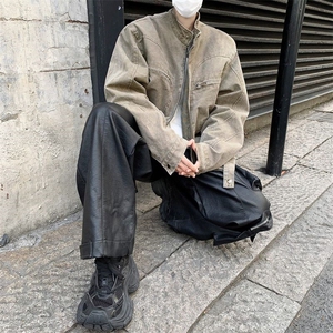 水洗灰色立领牛仔外套男秋季复古潮牌拉链短款外套美式夹克图片