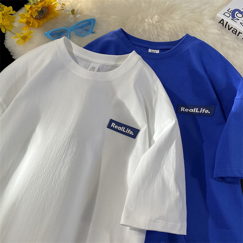 EQ241*硅胶标纯棉短袖T恤男女学院风情侣装夏季暖光平铺图，男装T恤，电商C306-1