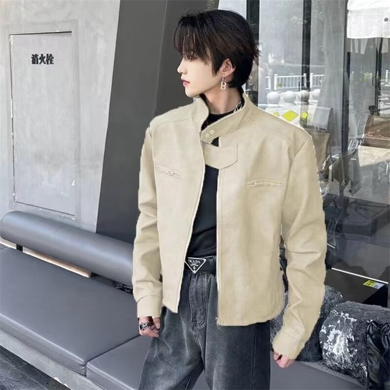 现货感小众高街外套男生短款棕咖色飞行员夹克美式复古机车服皮衣,男装夹克,星座218-1（原230）