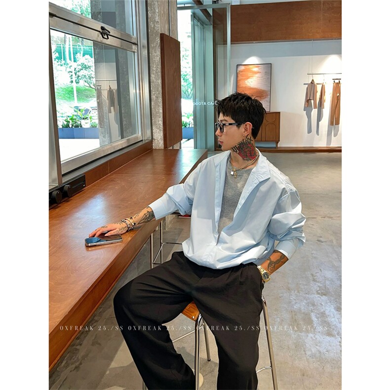 网图有货设计感假两件立领长袖男宽松套头纯色衬衣A922-P38，男装衬衫，星座1505