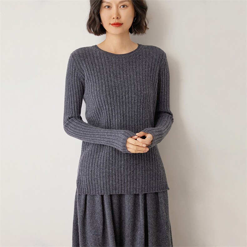 时尚百搭女士羊绒衫圆领竖纹设计简约休闲风格舒适保暖,女装羊绒衫,雪山红莲