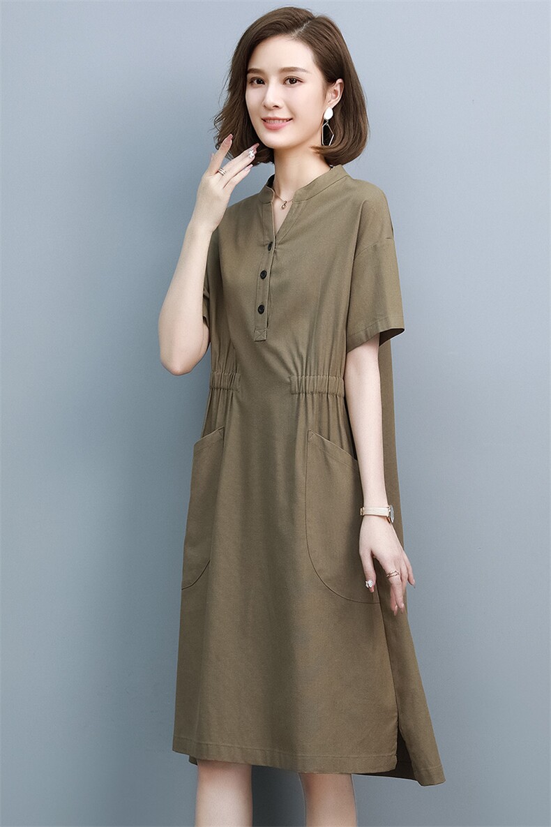 夏季亚麻连衣裙女2025新款中年妈妈薄款中长款宽松气质显瘦棉麻裙,女装连衣裙,靓衣阁