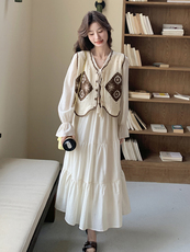 法式温柔风连衣裙套装女2025春季新款气质甜美针织马甲长裙两件套，女装套装/套裙，秋水欣儿