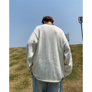 纯色镂空V领设计长袖t恤男夏秋季薄款针织衫潮牌打底衫X048/P45图片
