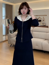 韩版女秋季新款时尚洋气套装裙娃娃领领开衫拉链上衣中长裙两件套，女装套装/套裙，江南