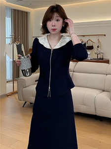 韩版女秋季新款时尚洋气套装裙娃娃领领开衫拉链上衣中长裙两件套图片
