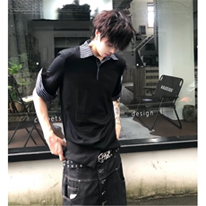 得物抖音高品质二开夏季美式潮牌假两件条纹衬衫翻领高街短袖T恤，男装T恤，电商A486