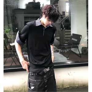 得物抖音高品质二开 夏季美式潮牌假两件条纹衬衫翻领高街短袖T恤图片