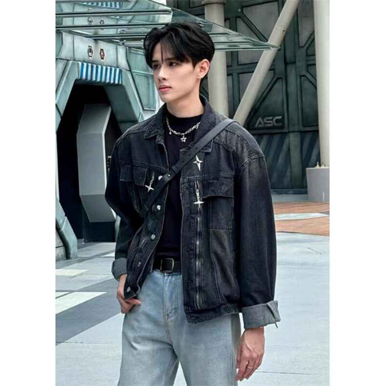 金属星星牛仔外套男春秋季vibe风宽松工装夹克 J03图片