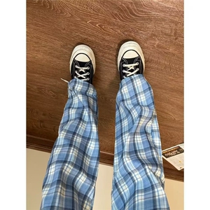 蓝色格子加绒阔腿裤男女秋冬高腰休闲直筒显瘦设计感慵懒风裤子图片