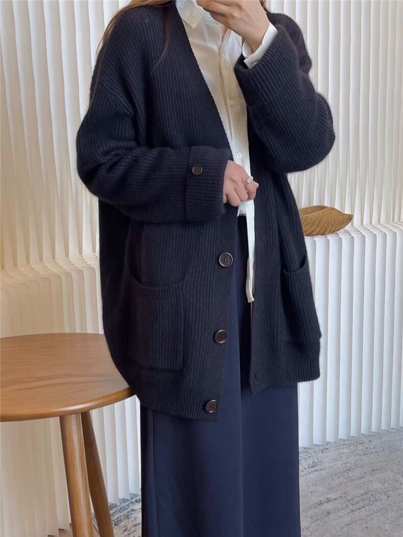 开衫女中长款V领秋冬慵懒软糯休闲宽松保暖针织衫,女装羊毛衫,纳慈羊绒