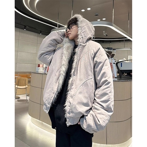 现货高品质美式高街冬季重磅硬挺短款座山雕毛领棉衣男女加厚外套图片