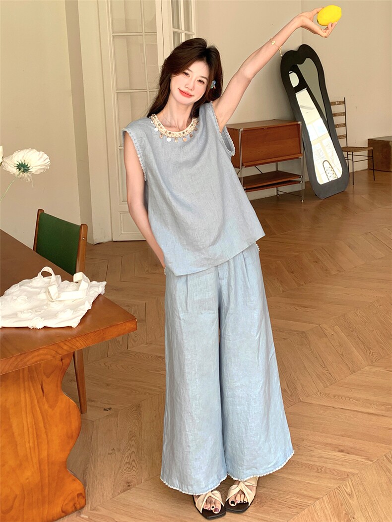 2025夏季新款韩系轻熟风高端精致蓝色上衣阔腿裤宽松显瘦两件套装,女装套装/套裙,浙宝301