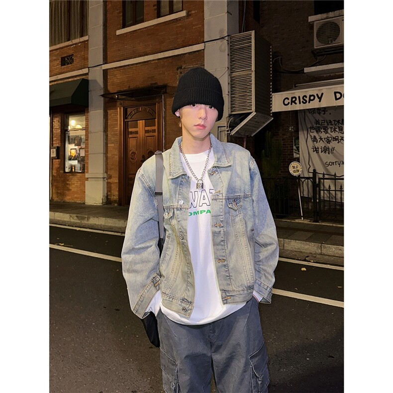1506-1/JA1711/P73复古做旧短款牛仔外套男女同款渐变色翻领上衣图片