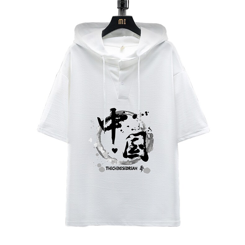 LD54134-P45连帽短袖t恤男大码胖子带帽五分袖中袖展架,男装T恤,电商A040A