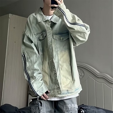美式高街Vibe黄泥做旧水洗牛仔夹克男复古潮牌拉链外套L88877-P63，男装工装外套，星座1008