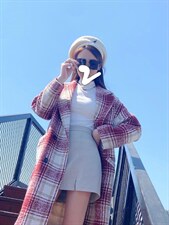 812#呢料格子长款外套，其它，米社