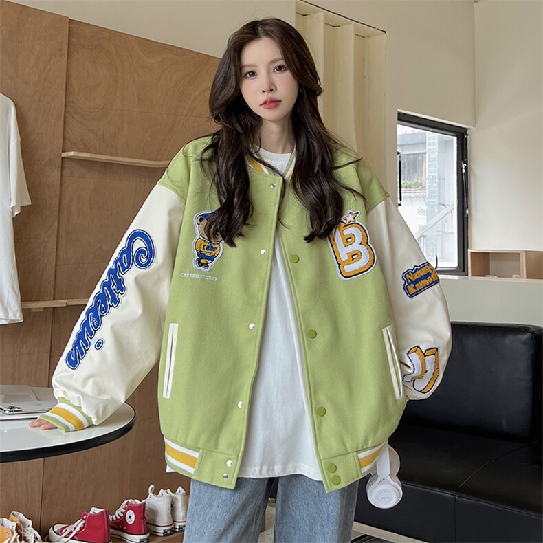 棒球服重工刺绣外套上衣女毛巾绣花真皮袖夹克C362-95图片