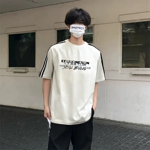 抖音得物高品质二开240克宽松纯棉美式潮牌三条杠织带短袖T恤图片