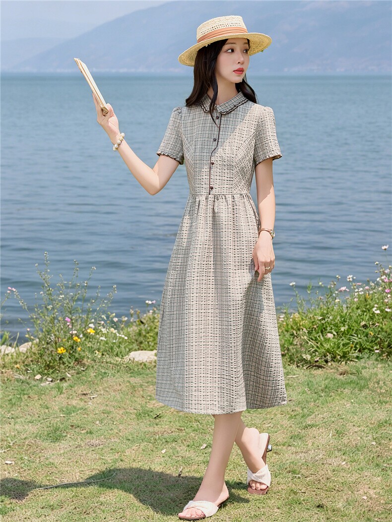 学院风格纹连衣裙女春夏收腰显瘦中长裙格子裙子,女装连衣裙,水衣源