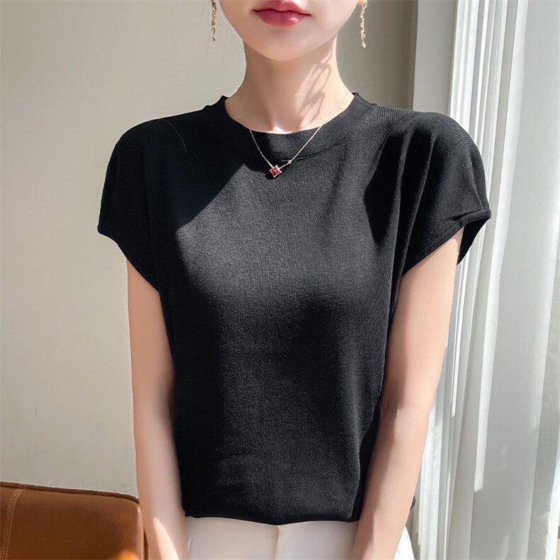 短袖t恤女2025新款夏季洋气体恤宽松冰丝针织衫纯色简约飞袖小衫，女装T恤，萱芳婷羊绒