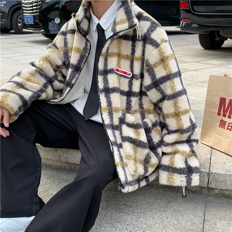 棉衣男港风宽松格子保暖加厚潮牌羊羔毛外套大衣B288-MJ400图片