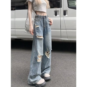 2024美式复古牛仔裤男女薄款宽松大码高街直筒阔腿休闲长裤NK352图片