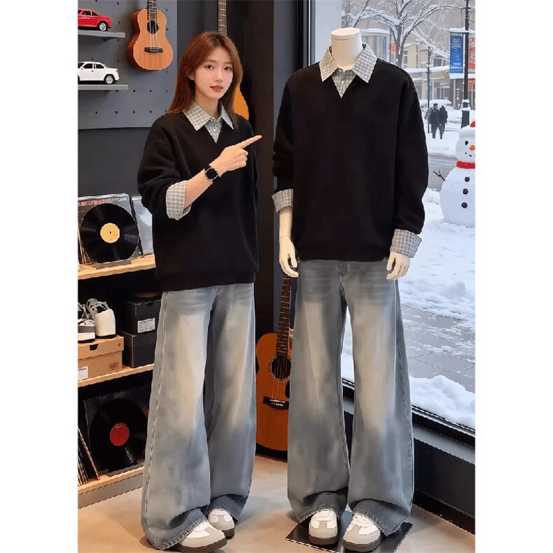 抖音得物高品质二开26春季美式潮牌假两件衬衫男女翻领长袖卫衣,男装衬衫,电商A486
