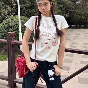 美式复古重工刺绣白色短袖t恤女夏季设计感趣味修身圆领正肩上衣图片