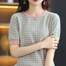时尚拼色短袖针织衫修身显瘦圆领毛衣百搭气质女装上衣，女装针织衫/毛衣，凝珊羊绒