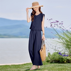 现货。薄款亚麻阔腿裤两件套时尚气质无袖上衣九分裤套装，女装套装/套裙，E百度