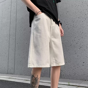 美式复古水洗牛仔短裤男夏季薄款宽松直筒阔腿裤高街潮牌五六分图片