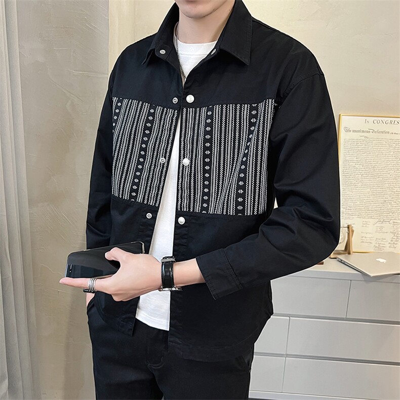秋季长袖衬衫男2025新款条纹拼接纯棉衬衣外套A313-2320-P88,男装衬衫,电商A313