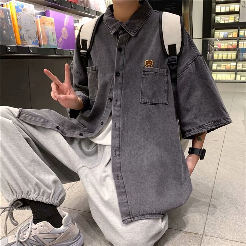 夏季新款牛仔短袖衬衫男韩版潮流ins上衣宽松衬衣纯色帅气外套男,男装衬衫,星座601-2