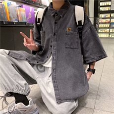 夏季新款牛仔短袖衬衫男韩版潮流ins上衣宽松衬衣纯色帅气外套男，男装衬衫，星座601-2