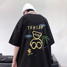 T533P26夏季新款港风纯棉短袖T恤ins衣服宽松半袖体恤小熊上衣，男装T恤，星座304A