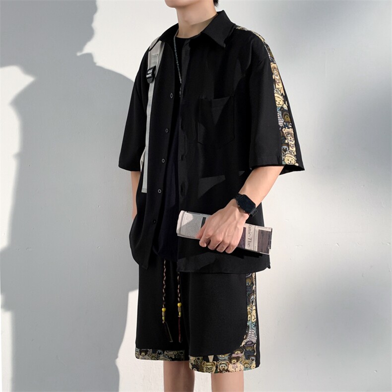 1小熊短袖衬衫男+短裤大码情侣套装92%聚酯纤维8%氨纶TZ77058P70,男装牛仔裤,星座226-2