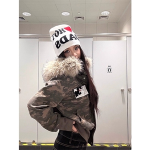 美式迷彩带毛领连帽卫衣女2025新款修身设计感开衫短外套秋图片
