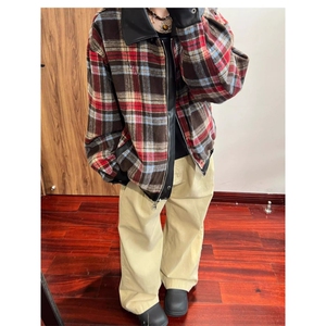 美式复古休闲格子双面穿PU皮夹克男秋冬季高街潮牌宽松机车服外套图片