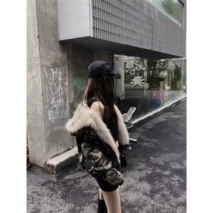 时尚百搭气质文艺ins潮流毛领迷彩棉衣慵懒新款流行日系原宿简约图片