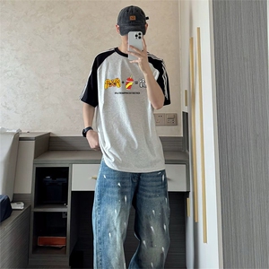 抖音得物品质二开240克宽松纯棉美式潮牌插肩三杠织带短袖T恤图片
