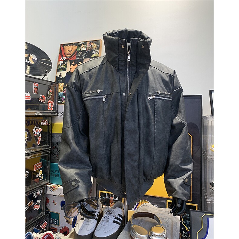 405A美式复古个性金属设计短款皮衣棉服MY24916-特批108控178,男装皮衣,星座405A