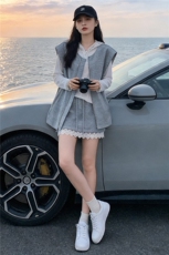 韩版时尚休闲裤裙套装女春款马甲外套连帽T恤蕾丝花边裤裙三件套，女装套装/套裙，江南