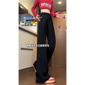 美式垂坠感显腿长微喇褶皱西裤男春秋季美式直筒裤子拖地休闲长裤图片