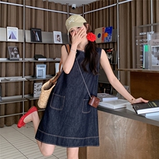 复古无袖牛仔连衣裙女2025夏季新款韩系小个子宽松减龄气质背心裙，女装连衣裙，2C159